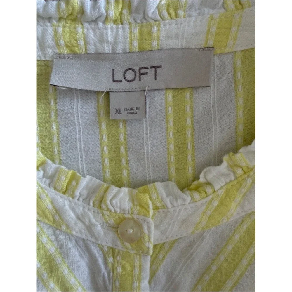 LOFT XL Yellow White Stripe Ruffle Collar Button Front Cotton Blouse Cottage
